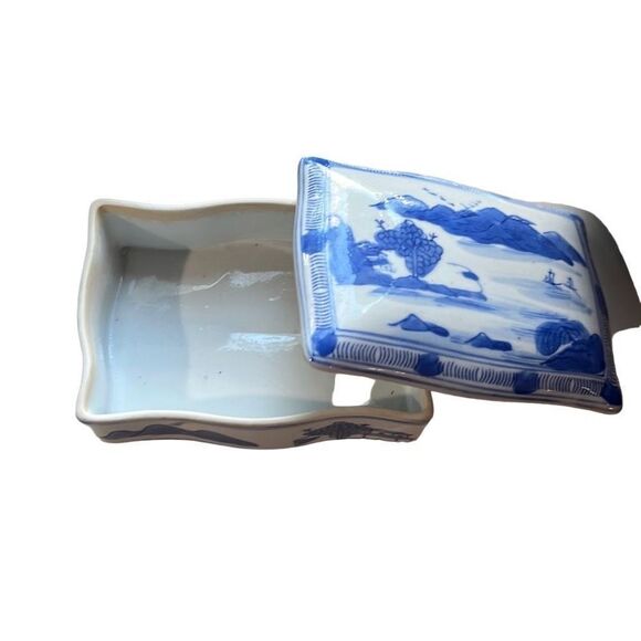 Vtg. Japanese Hand Painted Ceramic Cigarette Trinket Box Town Painted Blue - Picture 8 of 9